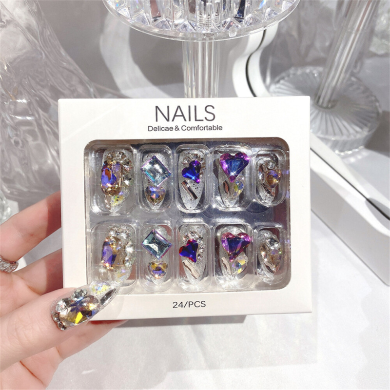 Colorful Diamond Shiny False Nail Long Almond Press on Nails for Nail Art 24pcs