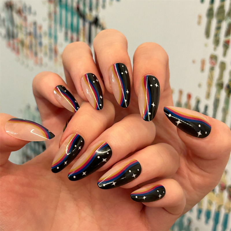 Dream Stars False Nail Short Almond Glossy Press on Nails for Nail Art 24pcs