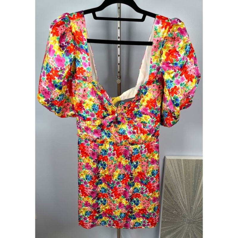 For Love & Lemons Merrill Floral Puff Sleeve Mini Dress in Red Size 1X
