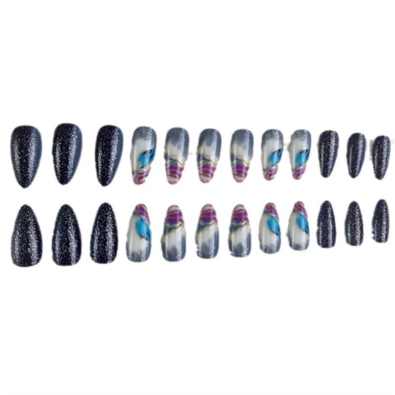 Colorful Blooming False Nail Short Almond Press on Nails for Nail Art 24pcs