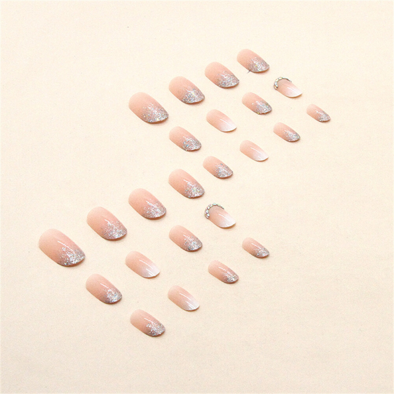 Glitter Gradient Pink False Nail Short Almond Press on Nails for Nail Art 24pcs