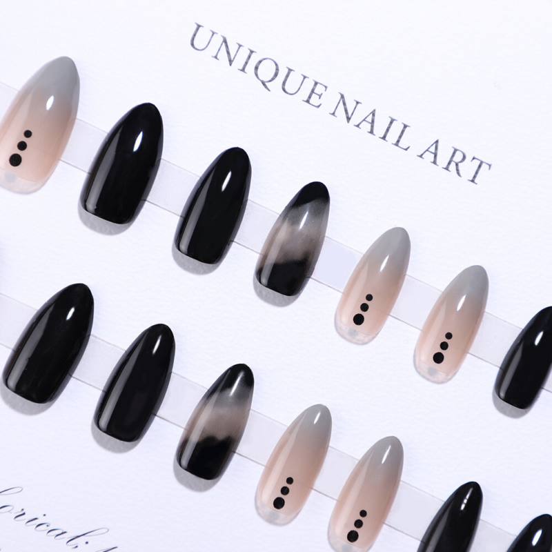 Almond Medium Fake Nail Drak Black Halloween Press on Nails for Nail Art 24pcs