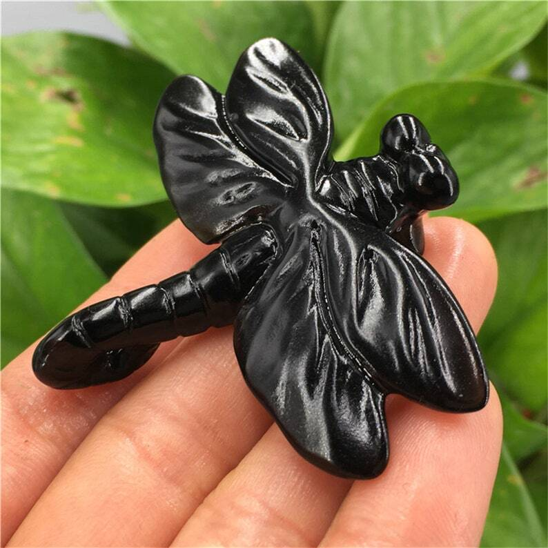 1pc Natural Obsidian Quartz Dragonfly Crystal Hand Carved animal Heal collection