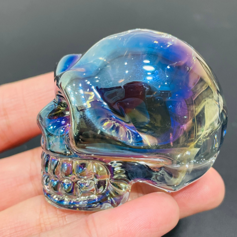 2" Rainbow Titanium melting Quartz Hand carved skull crystal reiki healing 1PC
