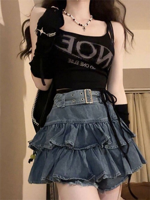 Kawaii Girl Hot sweet DenimSkirt Pleated Casual High Waist A Word Short Skirt