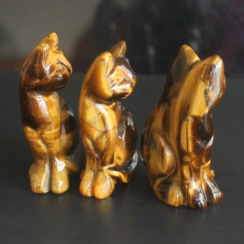 Carved mixed gemstone quartz crystal cat figurine animal carving home decor 2''