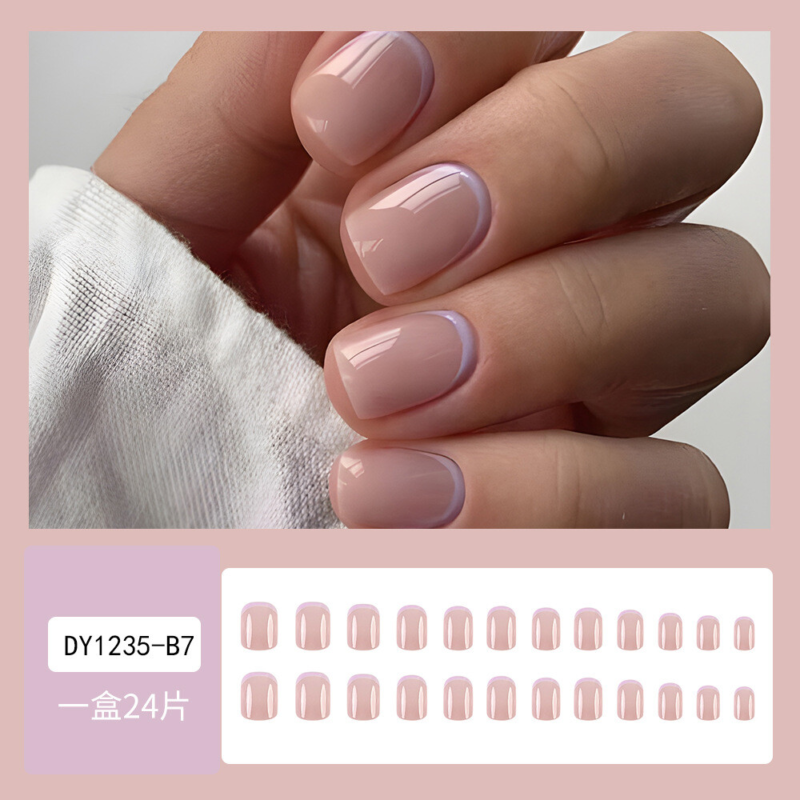 Square Short Press-On False Nail Nude Color Purple French Glossy Manicure 24pcs