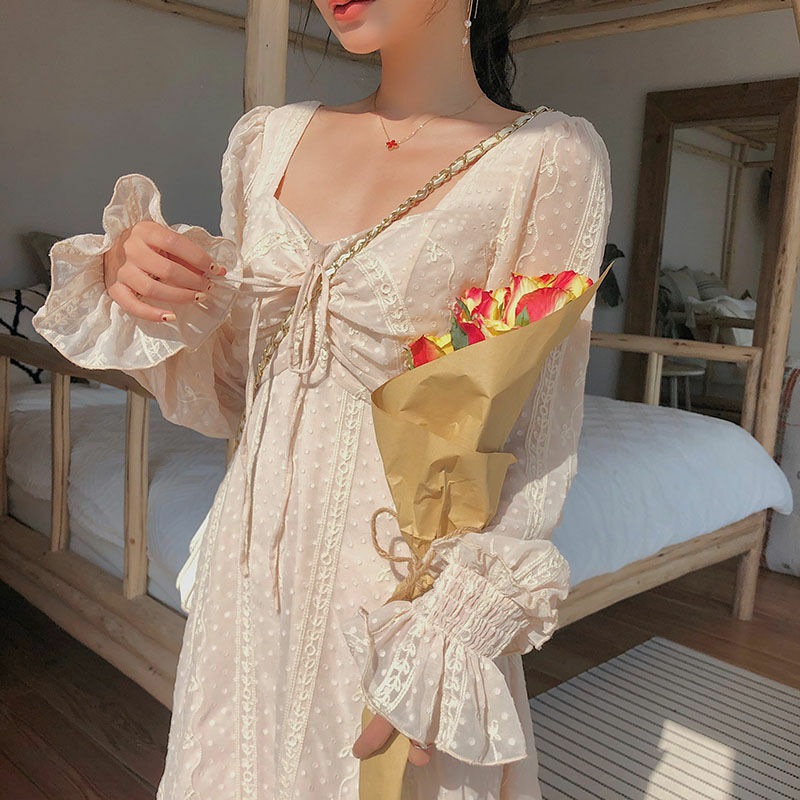 Vintage Fairy Dress Women Elegant Chiffon Dress Long Sleeve French Party Midi