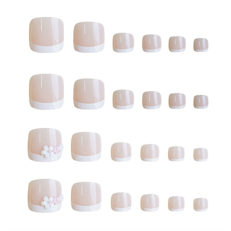 Fashionable Short Toe Press-On False Nail Elegant Flowers French Pedicure 24pcs