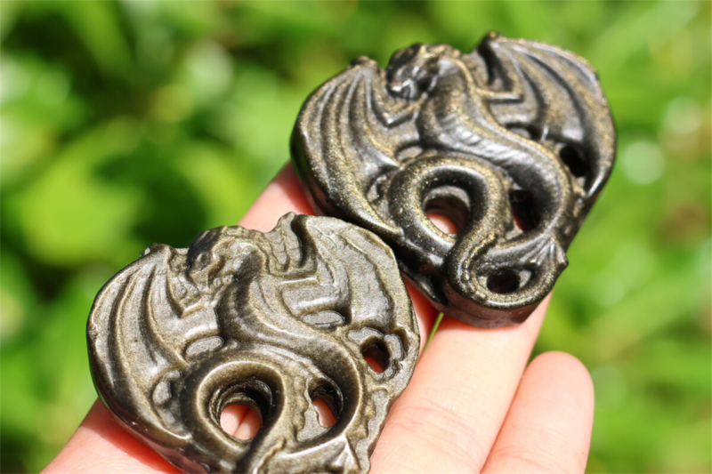 1.9" Hand Carved Natural Gold obsidian dragon Reiki Crystal Skull decor 1PC
