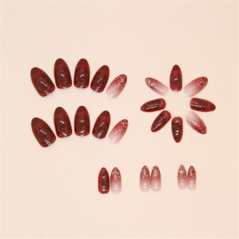 Red Flowers Glitter False Nail Short Almond Press on Nails for Nail Art 24pcs