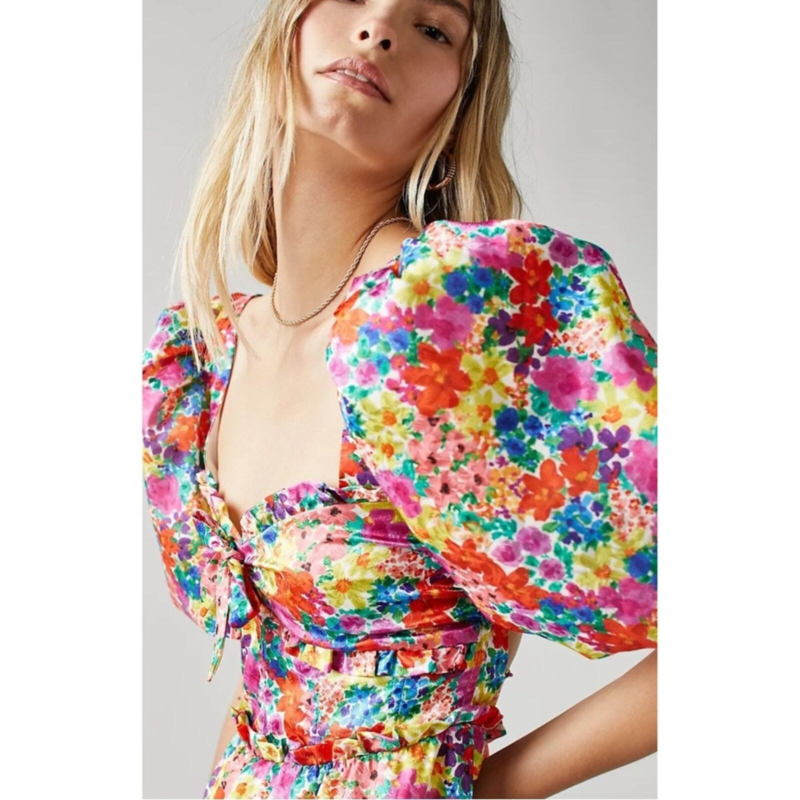 For Love & Lemons Merrill Floral Puff Sleeve Mini Dress in Red Size 1X