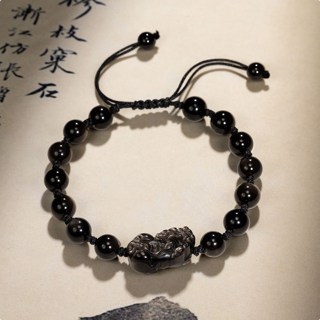 Natural Strawberry Quartz Women's Hand-Knitted Rope Couple's Gold Obsidian Pi Xiu Bracelet Men's and Women's Light Luxury Single Circle Court Bracelet