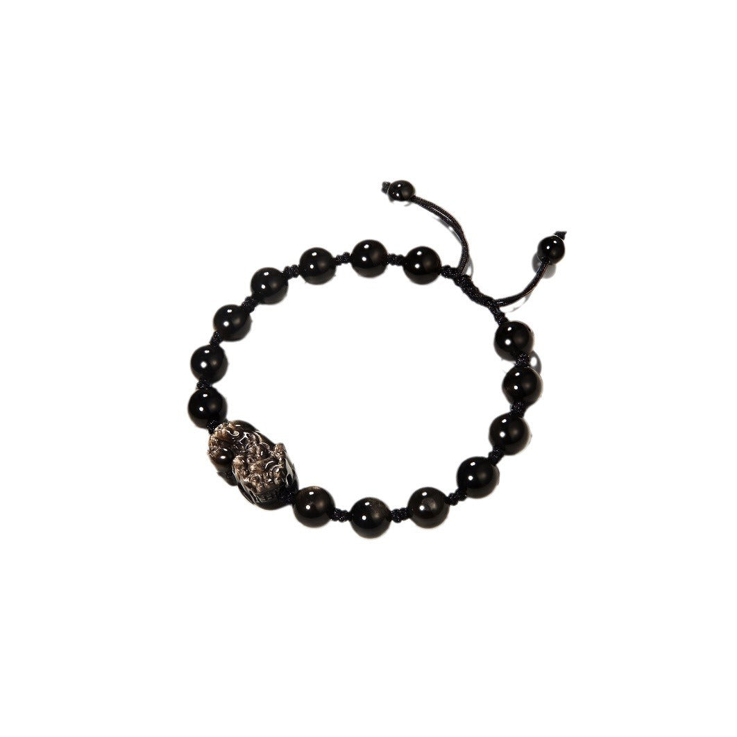 Natural Strawberry Quartz Women's Hand-Knitted Rope Couple's Gold Obsidian Pi Xiu Bracelet Men's and Women's Light Luxury Single Circle Court Bracelet