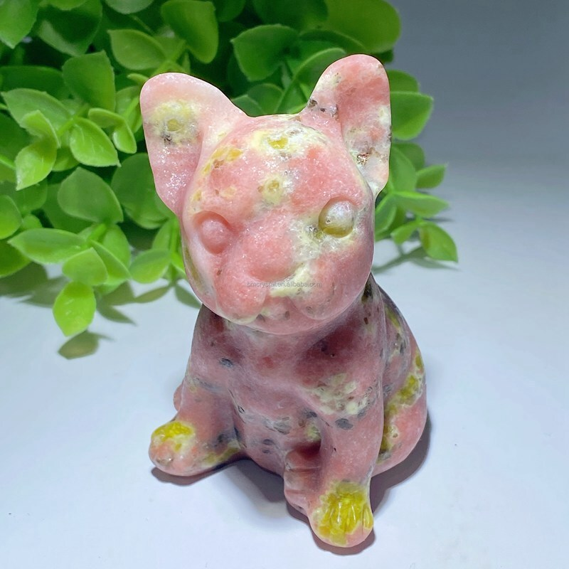 Natural Quartz Crystal Carved Rough Stone French Bulldog Healing Animal Decor