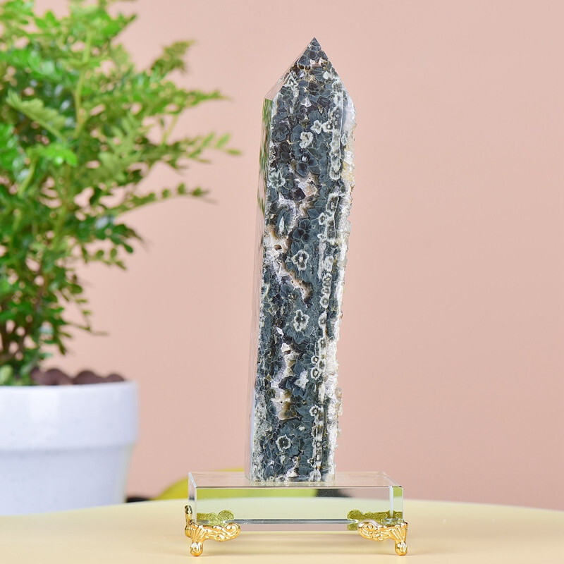 1.34LB Natuar Ocean Jasper Crystal Obelisk Point Wand Stone Quartz Healing