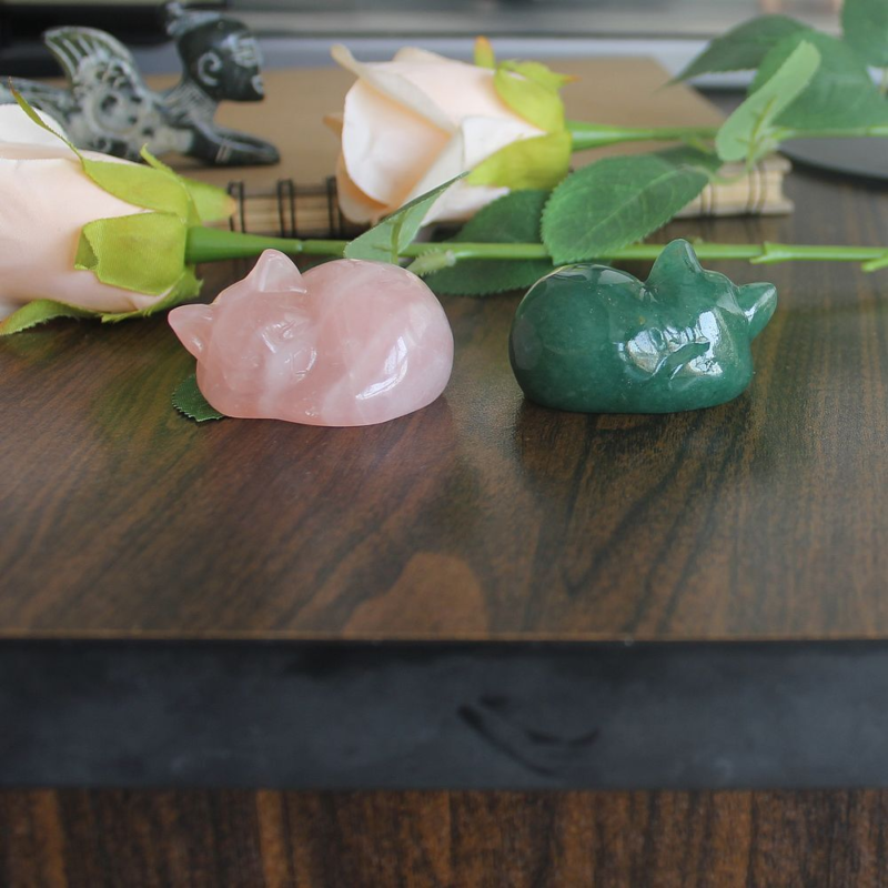 Carved crystal gemstone crystal sleeping cat figurine animal statue decor 2''