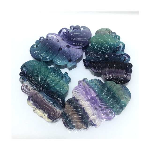 Wholesale Natural Crystal Rainbow Fluorite Crystal Carving Butterfly Buddha Pendant for Gift