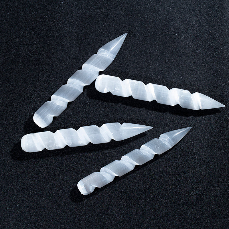 Wholesale natural white selenite gypsum carving pointed spiral wands