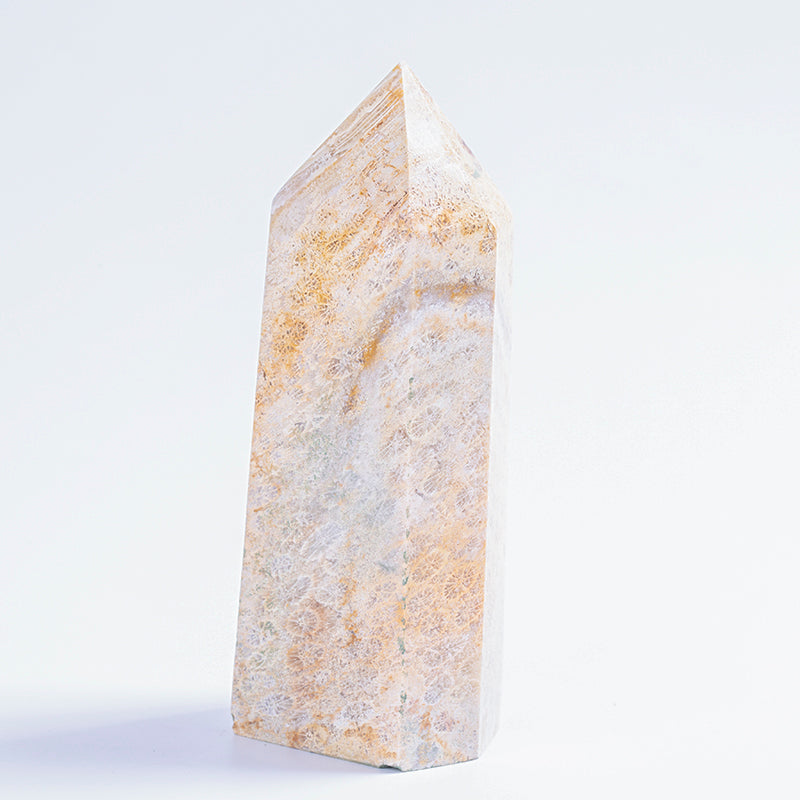 Venta al por mayor de punto de cristal Natural, torre de punto de piedra de obelisco de cristal fósil de Coral para regalo
