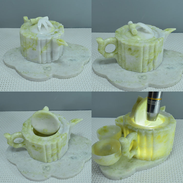 Oriental Xiuyu ornament Xiuyu tea set ornament natural Liaoning Xiuyan Jade tea set wine set ornament household goods