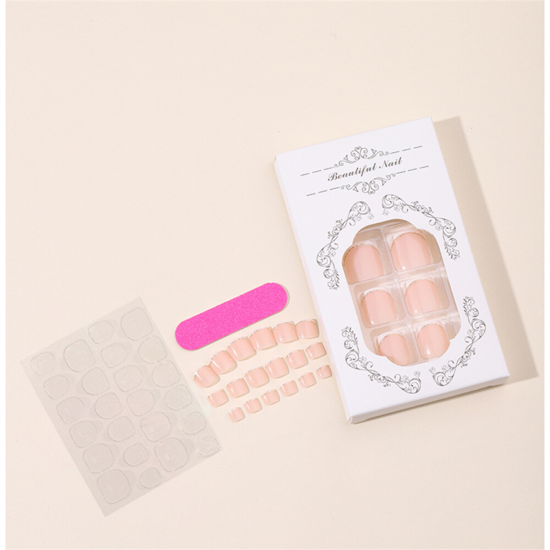 Stylish Nude Color Toe Press-On False Nail Glitter White French Pedicure 24pcs