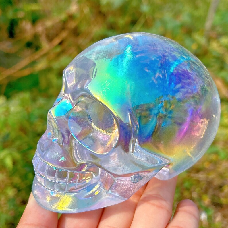 Titanium Rainbow Clear Melting stone Crystal Skull Reiki Heal Mineral Samples
