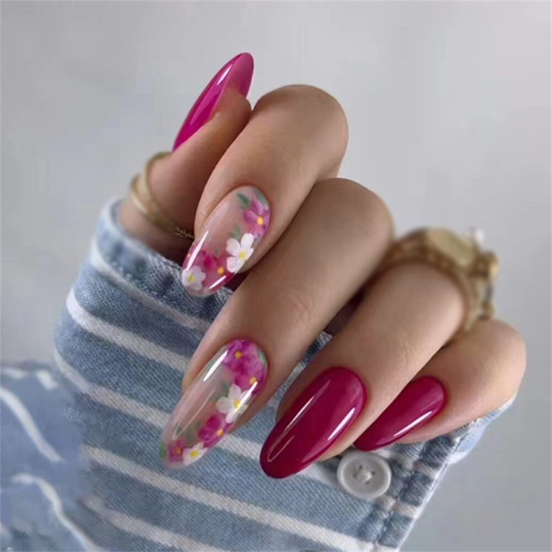 Retro Flowers False Nail Short Almond Autumn Press on Nails for Nail Art 24pcs