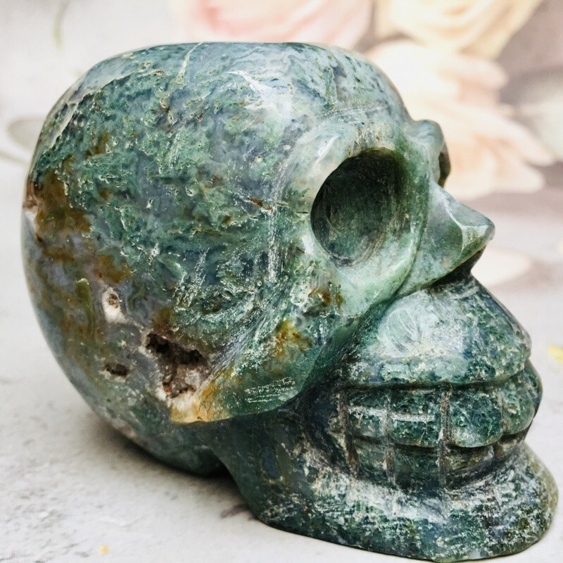 0.423kg moss agate skull Home decoration products crystal