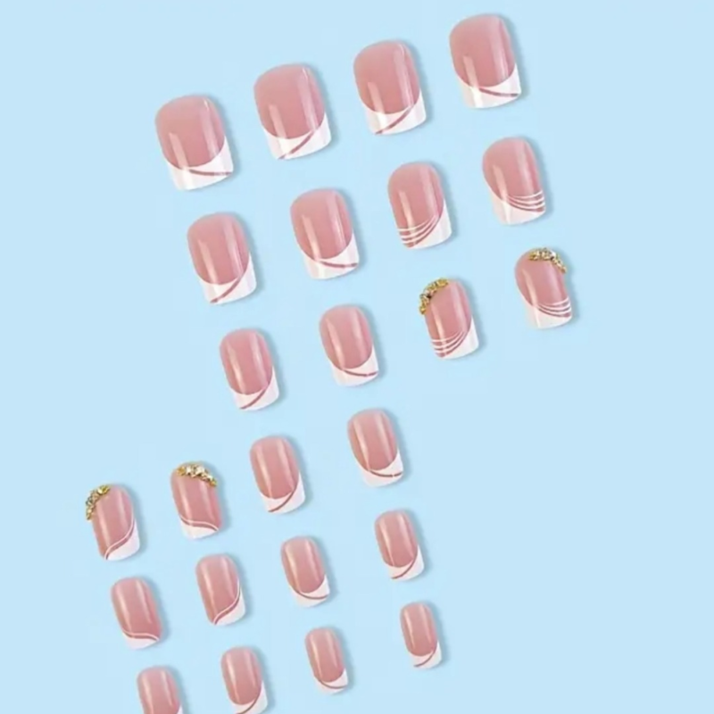 24 Pcs French Tip Press-On Nails  Short Square Fake Nails with Nude Pink StickOn