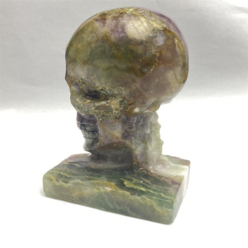 1340g Natural Beantiful Fluorite Quartz Skull Hand Carved Crystal Healing Skull
