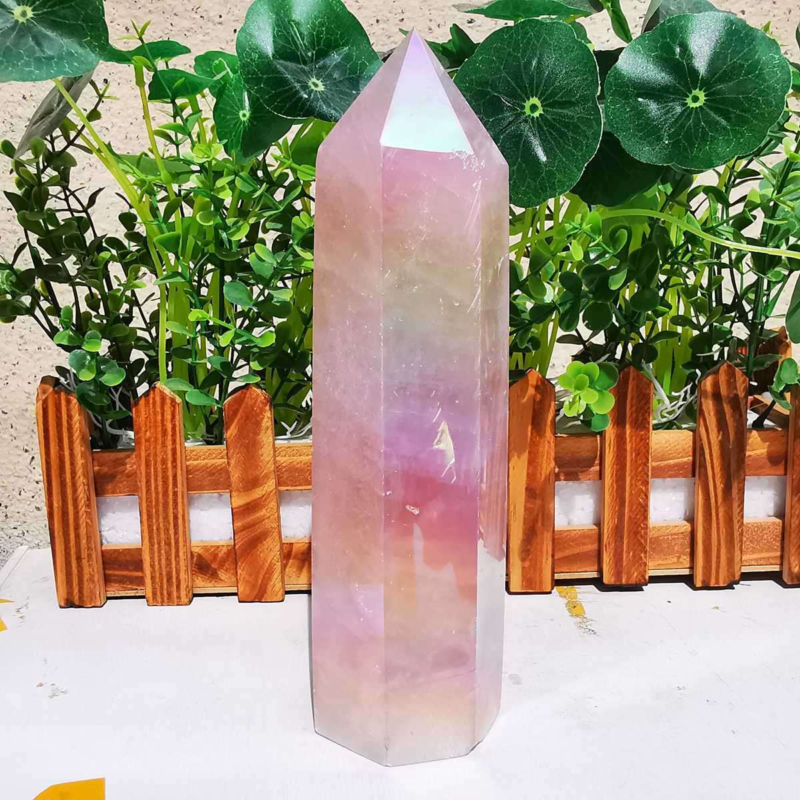 785g electroplated natural pink rose quartz obelisk rainbow crystal point reiki