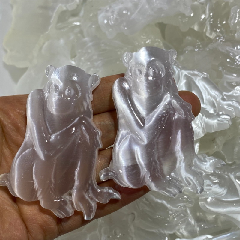 Natural Gypsum Selenite monkey Hand Carved Quartz Crystal Reiki healing 1PC