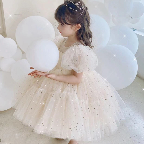 Baby Champagne Baptism Dress Cute Girl Sequin Puff Sleeve Fairy 1 Year Birthday