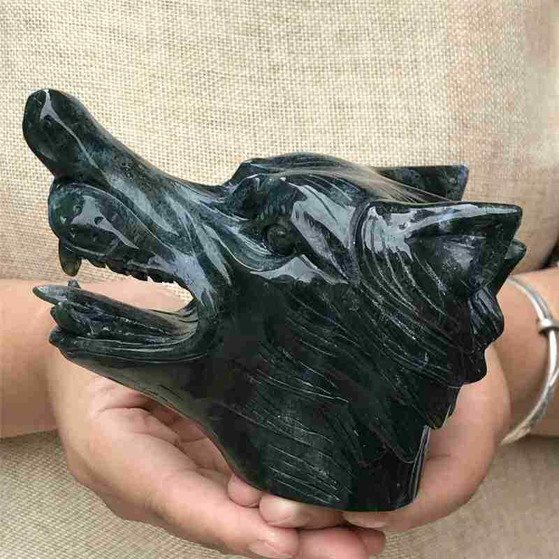 0.77kg Natural moss agate Wolf skull carved Quartz Crystal skull Healing