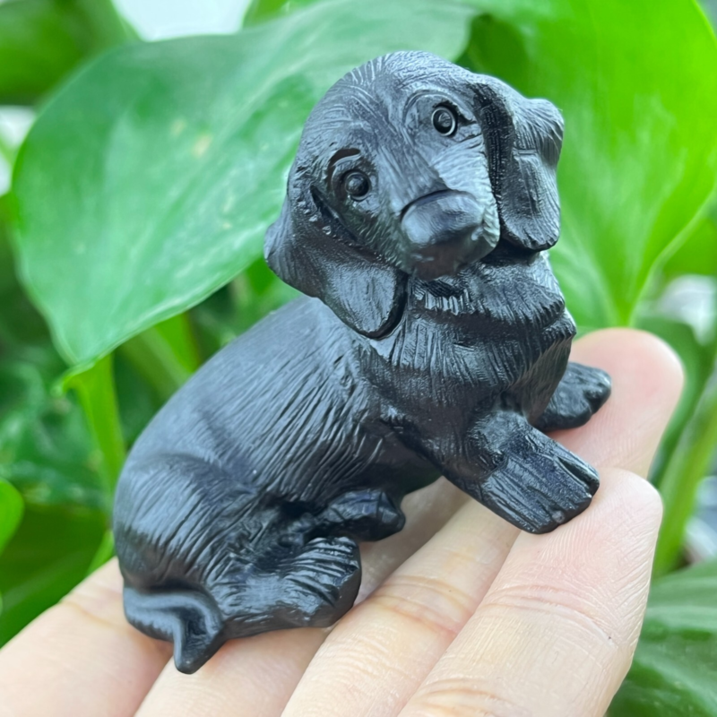 1pc Natural obsidian dachshund dog carved quartz crystal animal skull Reiki 2"