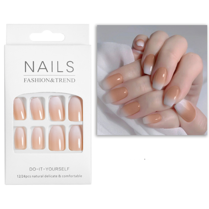 Gradient Nude Color False Nail Short Coffin Press on Nails for Nail Art 24pcs