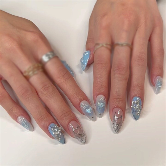 Blue False Nail with Heart Star Short Almond Press on Nails for Nail Art 24pcs