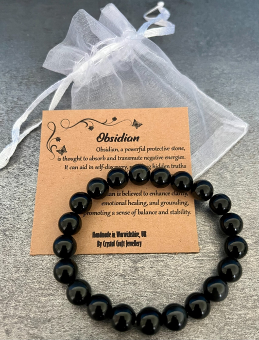 OBSIDIAN Bracelet Stretch Fit Handmade With Gift Bag & Card Crystal Gemstone 8mm