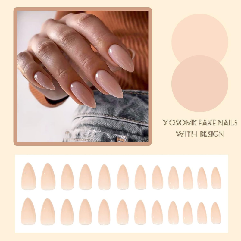 YOSOMK Nude Press on Nails Almond Shaped Fake Medium 1A-Nude&Natural