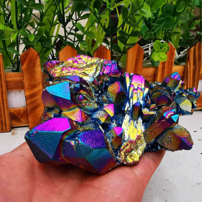 380gColor Flame Aura Electroplate Quartz Crystal Cluster Specimen Healing Stone