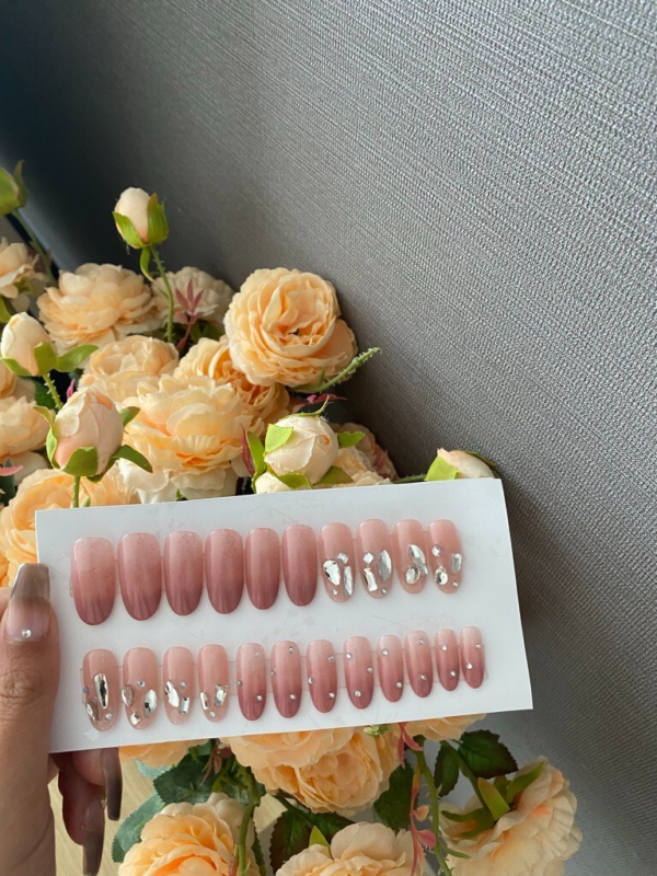 Ombre nude pink bling almond shape handmade press on nails
