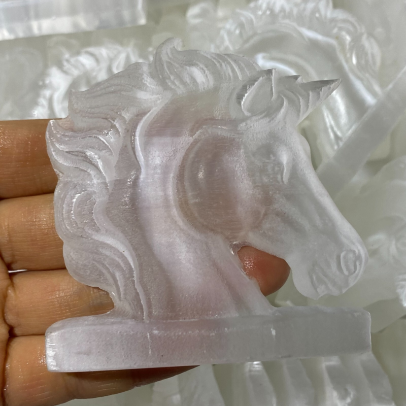 Natural Gypsum Selenite unicorn Hand Carved Quartz Crystal Reiki healing 1PC