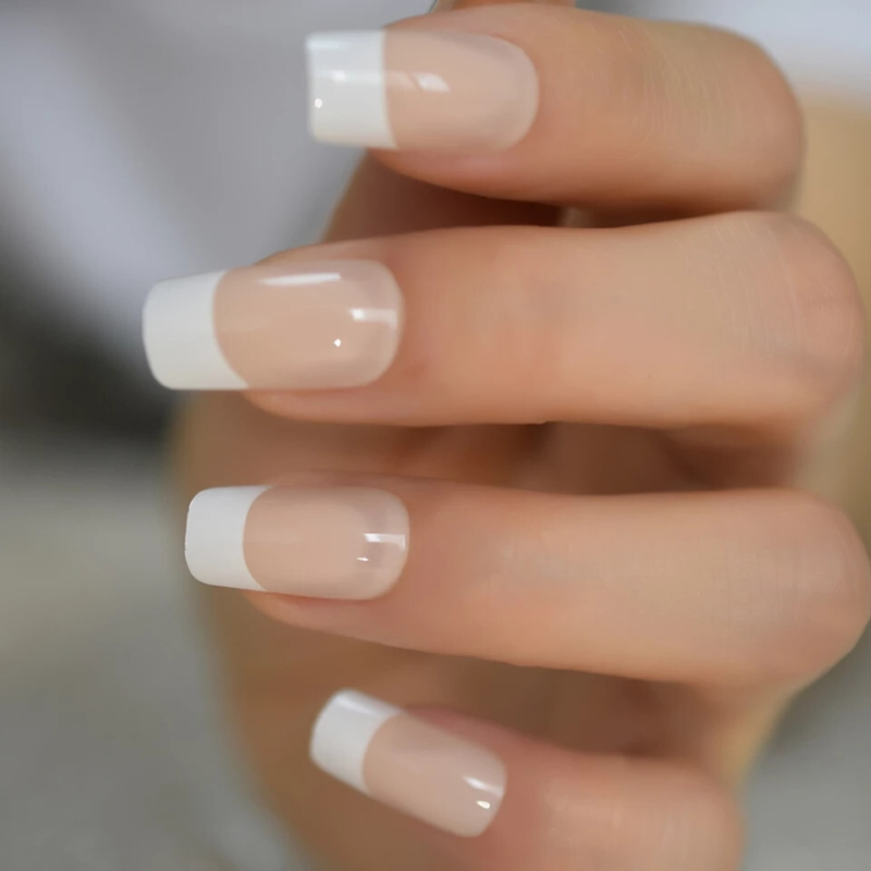 24 Medium Press on Nails kit glue on square baby boomer french white nude
