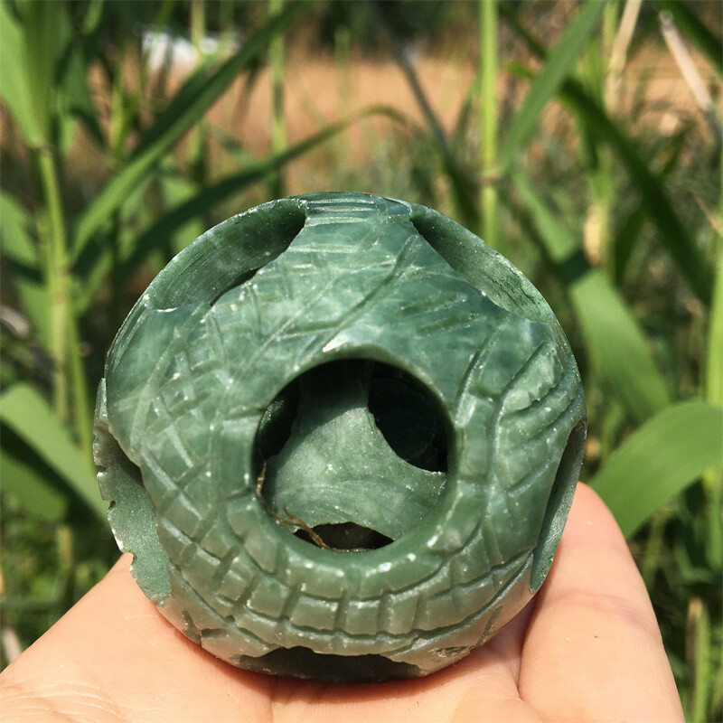 2" Natural green jade Exquisite Carved sphere Quartz Crystal reiki ball care