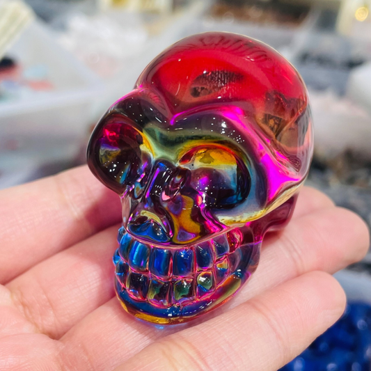 2" Rainbow Titanium melting Quartz Hand carved skull crystal reiki healing 1PC