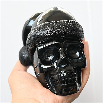 1.25kg Hand Carved Natural Obsidian Santa Hat Skull Reiki Crystal Skull decor Gi