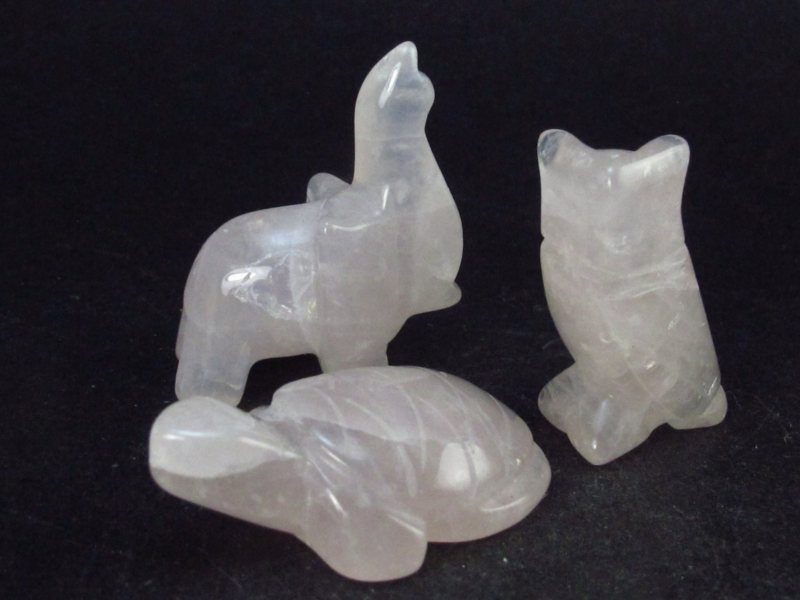 Three Rose Quartz Carved Animals - Owl, Turtle, Elephant - 28.9 Grams