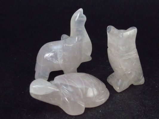 Three Rose Quartz Carved Animals - Owl, Turtle, Elephant - 28.9 Grams