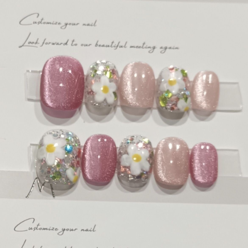 Handmade Painting Spring Colorful Flowers Short Almond Press on Nail Nail Art
